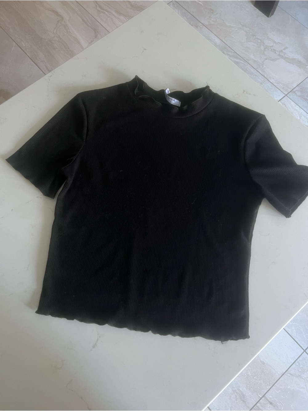 Zara Black Ribbed Mock Neck Short Sleeve Top
